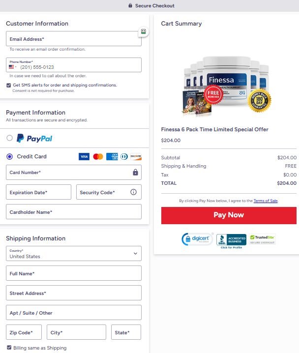 Secure Finessa checkout page with protected online ordering system